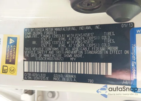 2013 Toyota Highlander Plus/Se from USA, damaged, VIN 5TDZK3EH6DS106053